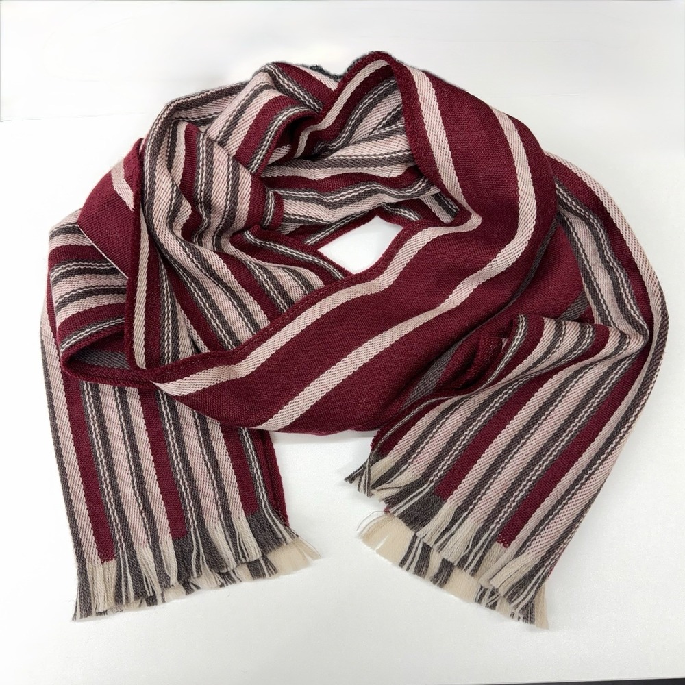 Amicale 100% Merino Wool Scarf Burgundyโ Pink Gray Stripe Fringe Classic